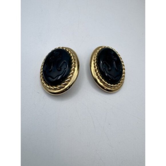 TRIFARI TM Blue Cabochon Earrings Elegant Oval Clip On Acrylic Anchor Design - Picture 14 of 16